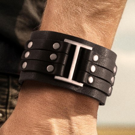 Gladius | Pulsera ancha de cuero de búfalo de grano completo negra para hombres - Pulseras anchas