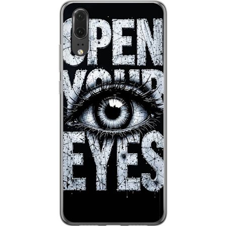Kompatibelt Mobildeksel til Huawei Huawei P20 Mørk typografisk illustrasjon med øye og teksten Open Your Eyes, sterk kontrast og rå kunstnerisk gat