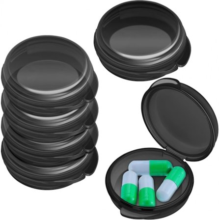 6 st Små Pilleraskar Rese Pillerbehållare Klar Mini Organizer Box Rund Svart Piller