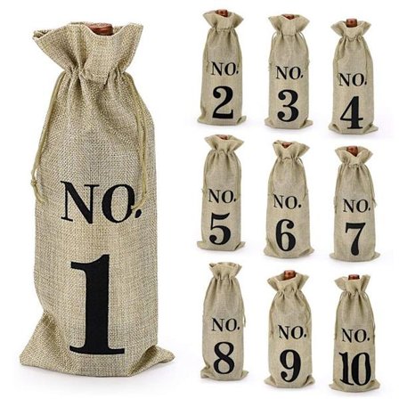 10-pak Jute Vinposer, 35,5 x 16 cm Hessiske Nummererede Flaske Gaveposer med Snøre til Blindsmagninger (Brun)