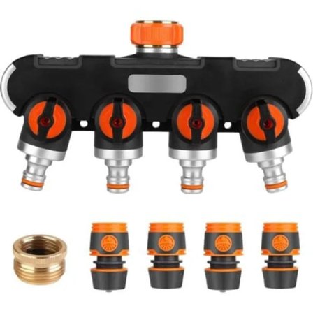 4-veis vannfordeler - 3/4 " & 1/2 " vannfordeler med kranventil, koble til to enheter samtidig, justerbar vannstrøm, hagevanning