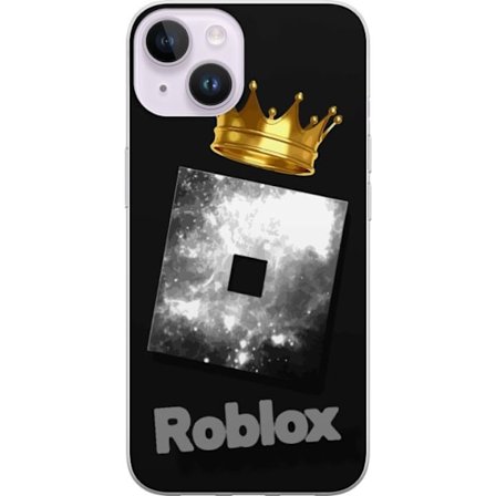 Kompatibel Mobilcover til Apple Apple iPhone 15 Minimalistisk sort og sølvfarvet Roblox-symbol med gylden krone og luksuriøs gamer-æstetik på mør