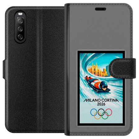 Yhteensopiva Lompakkokotelo Sony Xperia 10 III Dynaaminen kelkkailija tai skeleton-ajaja jääkanavalla Milanon Cortina 2026 kanssa, kaupunkinäkymä ja o