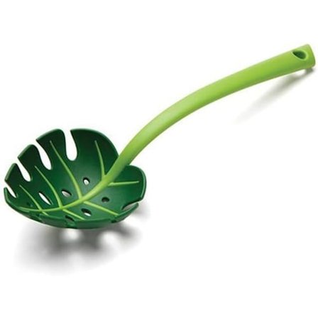 Vihreä Monstera-lehden lävikkö, monitoiminen pitkävartinen spagetti- ja salaattiottimen reikäkauha