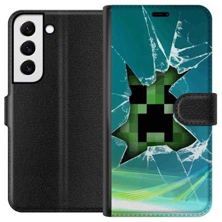 Kompatibelt Plånboksfodral till Samsung Galaxy S22+ 5G Minecraft Creeper genom krossat glas med dramatisk explosionseffekt där ikoniska Creeper bryt