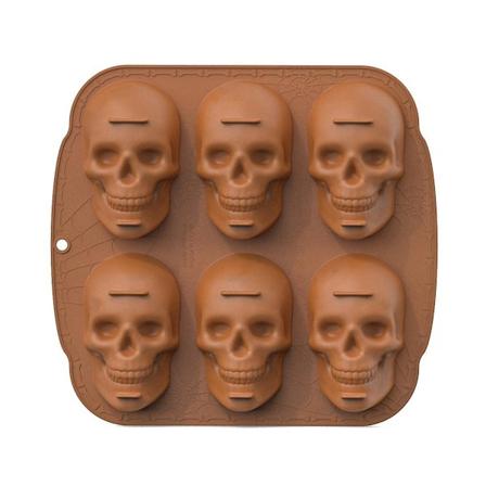 Halloween-kallokakkuvuoka silikonimuotti, 6 onteloa merirosvokallon 3D-silikonimuotti leivontavuoka, ruskea