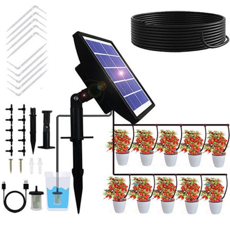 Aurinkokennokäyttöinen kastelujärjestelmä ajastimella – Automaattinen tiputuskastelu 15m anti-sifonilla puutarhaan, kasvihuoneeseen ja vihanneksille