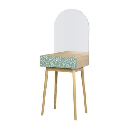 Toiletbord 1 skuffe 1 spejl - Eg og grøn indretning - Massive træben - L 50 x D 40 x H 135 cm - GARDENIA Ek och grönt