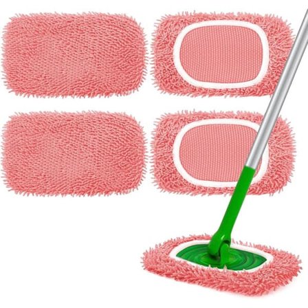4-pack återanvändbara mikrofibermoppdynor kompatibla med Swiffer Sweeper-moppar, rosa (mopp ingår ej)