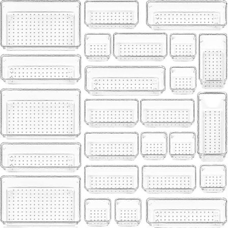 25 st Klar Plast Lådorganisatörer Set, Mångsidiga Lådorganisatörsfack för Badrum och Sminkbord i 4 Olika Storlekar för Alla Märken