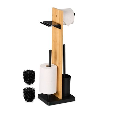 Toalettrullehållare och borste med bambuhylla