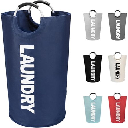 90-liters vaskekurv, sammenleggbar, dimensjoner 38x38x79 cm, vanntett, egnet for husholdningsbruk, tilgjengelig i flere farger.