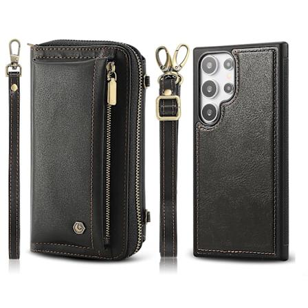 Crossbody-etui til Samsung Galaxy S24 Ultra, PU-læder kortholdercover med håndreb og magnetisk lynlåslomme, RFID-blokering