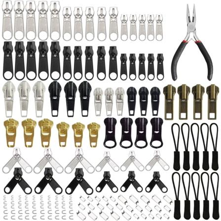 Ersättningsdragkedja reparationskit med dragkedjetång och förlängningspullers för kläder, jackor, ryggsäckar (silver och svart)