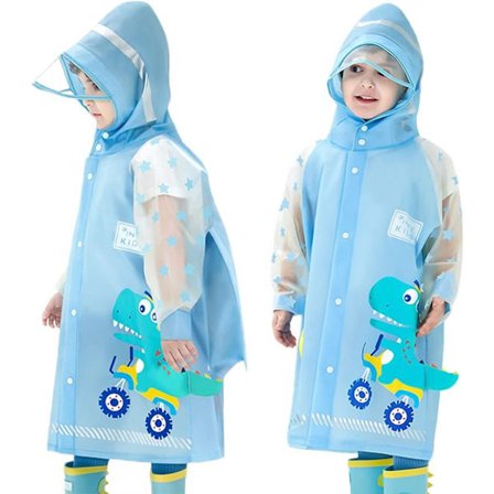 Regnjakke for barn - Vanntett regnjakke - Dinosaurdesign - Regnjakke for barneskole - Plass til ryggsekk - Størrelse M