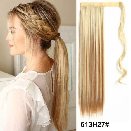 22" syntetiska hästsvansförlängningar linda runt lång rak falsk hästsvans Mjuk klämma i hårförlängningar Pony Tail falskt hår