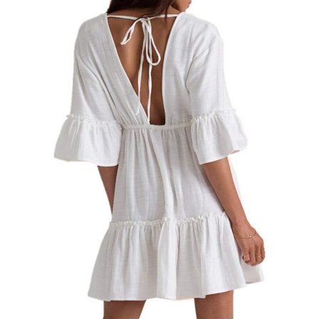 Plissert V-hals Strandbluse med Åpen Rygg