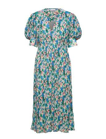 Pleated Georgette V-Neck Smock Midi Dress Polvipituinen Mekko Monivärinen/Kuvioitu Ganni