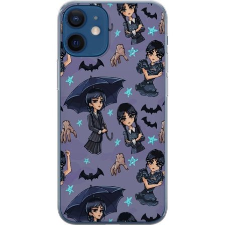 Kompatibelt Mobildeksel til Apple iPhone 12 Onsdag Addams plakat tegneserie lilla bakgrunn flaggermus hånd Ting gotisk søt Netflix-serie design