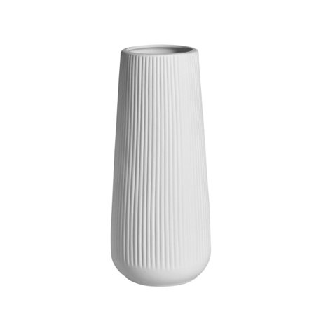 Hvid Keramisk Vase - Moderne Design, Mat Hvid Finish, Konisk Ribbet Blomstervase, 20 cm