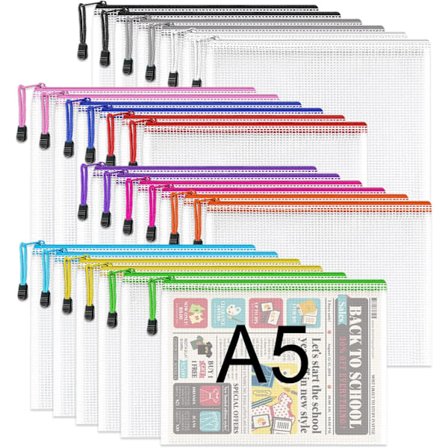 A5 Plast Glidelåsmapper - 24PCS A5 Mesh Glidelåspose Plast Glidelåsposer Dokumentlommebok Fil Glidelåsposer Reiseoppbevaringspose for Kontorutstyr