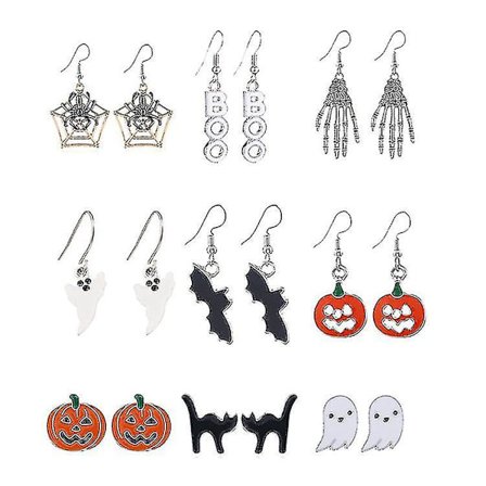 9 par Halloween Stud Øredobber Halloween Smykker Drop Dangle Øredobber Gresskar Svart Katt Stud Øredobber
