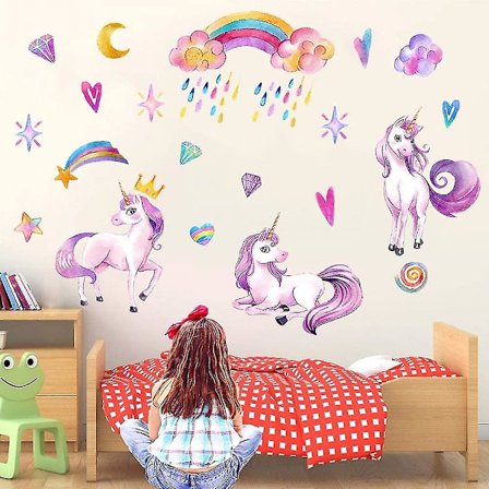 2 arkkia yksisarvisen seinätarroja, söpö yksisarvinen sateenkaari sydän pissa