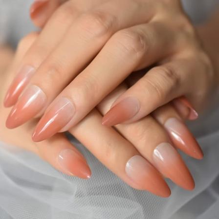 Korallfalska naglar, medelstora, tryck på naglar, ombre, glansiga, full täckning, falska nagelspetsar, mandelformade, 24 st, naken gel, akrylnaglar