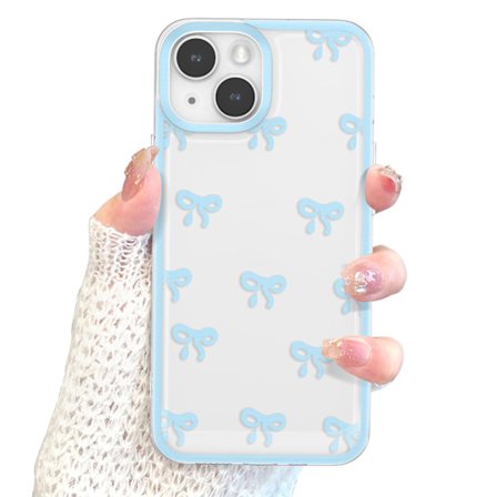 iPhone 15 Cover - Gennemsigtigt Sødt Sløjfemønster - Smuk Gennemsigtig Cover - Med Hævet Kamerabeskyttelse - Blå