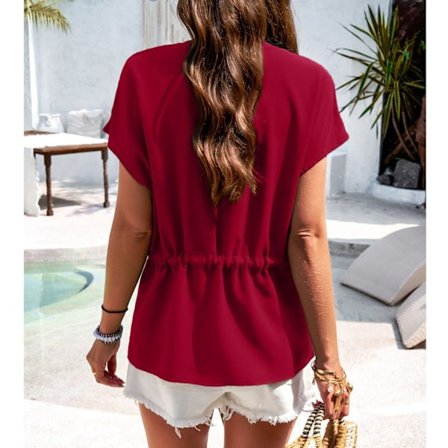 Dame V-hals Bluse Kortærmet Snøre Talje Knap Pure Farve Casual Pullover Skjorte Vinrød S