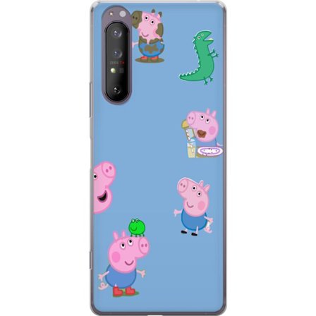 Kompatibelt Mobildeksel til Sony Xperia 1 II Peppa Pig ansiktsmønster på lys blå bakgrunn, gjentatt leken barndommotiv med Greta Gris