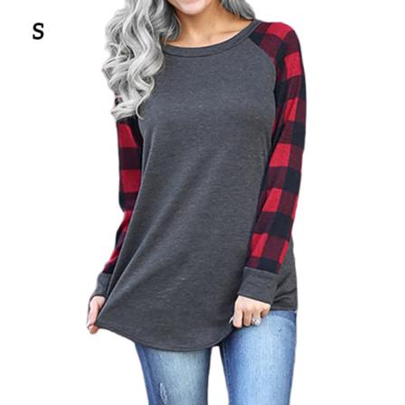 Dam T-shirt Rundhalsad Långärmad Splicing Rutig Casual Topp,