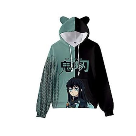 Japansk Anime Demon Slayer hettegenser, Unisex morsom 3D grafisk trykt hettegenser, tenåringer katteører hettegenser, genser for menn og kvinner (S D)