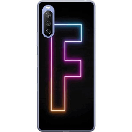 Kompatibel Mobilcover til Sony Sony Xperia 10 III Lite Neonbogstav F i lyserød, blå og gul lyskanter mod en mørk baggrund, grafisk bogstavillustrat