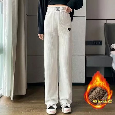 Damer i enfärgad elastisk midja Bokstavsbyxor Höst och vinter Hög midja ficka Rak Casual Byxor med vida ben