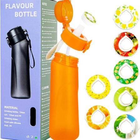 Ilmavesipullo, sisältää 7 makukapselia, 750 ml urheiluilmavesipullo, pillillä, tiivis juomapullo, hedelmän maku.