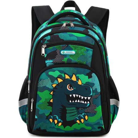 IC Barnryggsäck, Pojke 16 tum, Förskole- och Grundskole Ryggsäck med Flera Fack, Sidofickor och Bröstrem (Grön Dinosaurie)