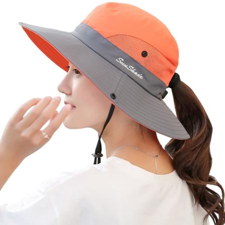 Dame Hestehale Hatt UV Beskyttelse Foldbar Mesh Bred Bremskjerm Strand Fiskehatt Orange 01