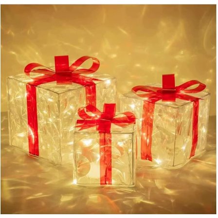 Julebelyste gaveesker, sett med 3 juledekorasjoner Supersterke 60 LED-lys, juledekorasjoner utendørs plen, transparent jul D