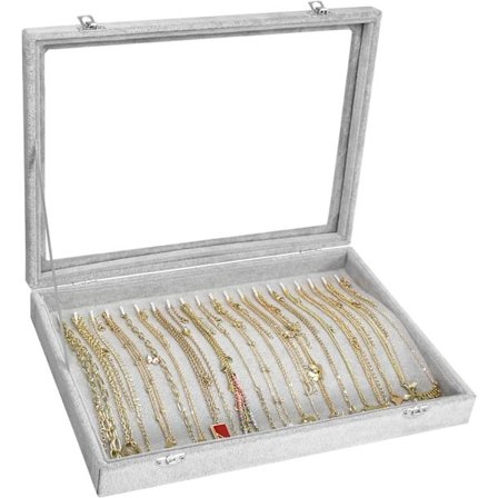Halsbandshållare Premium 20 Krokar Halsband Display Smyckeskrin med Transparent Lock Smycken Halsband Display Box (Grå)