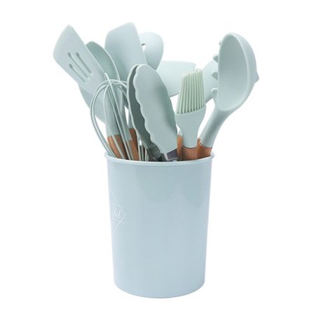 Silikon kjøkkenredskaper med treskaft, non-stick stekespade, slikkepott, børste, skrape, klipsesett, lysegrønn, 11 deler, fargeboks, rund bøtte