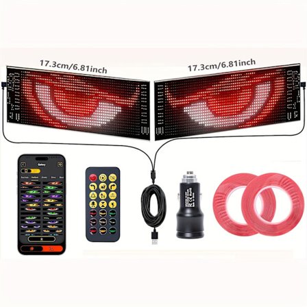 2 stk. Programmerbart Devil Eyes Bilsystem med App/Fjernbetjening, Dual-Screen Synkroniserede Animerede LED Øjne (/IR)