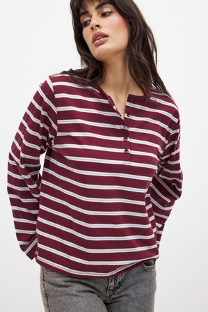 NA-KD Button Long Sleeve Top - Basic toppe - Burgundy,Stripe - S (EU 34-36)