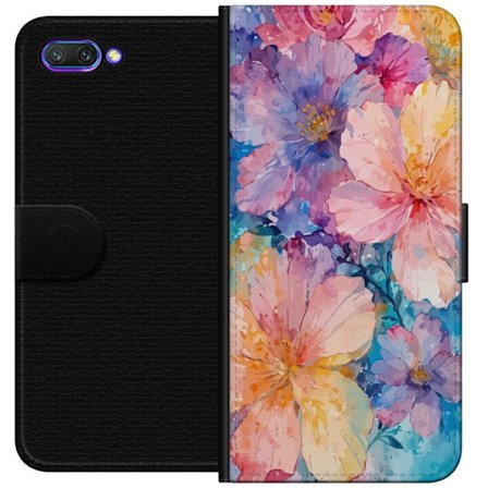 Yhteensopiva Lompakkokotelo Honor Honor 10 Vesivärimaalaus suurilla kukilla vaaleanpunaisissa, sinisissä ja keltaisissa sävyissä pehmeässä taite