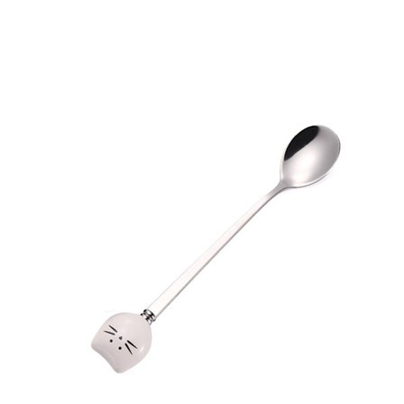 Kreativ keramisk kat kaffelöffel i rustfrit stål, røreske, krus, langskaftet rustfri stål ske (hvid)
