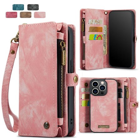 2-i-1 Avtagbart Plånboksfodral för iPhone 16 & Samsung, Retro Läder Flipskydd med Korthållare & Magnetisk Dragkedja, Rosa[YDE] Rosa