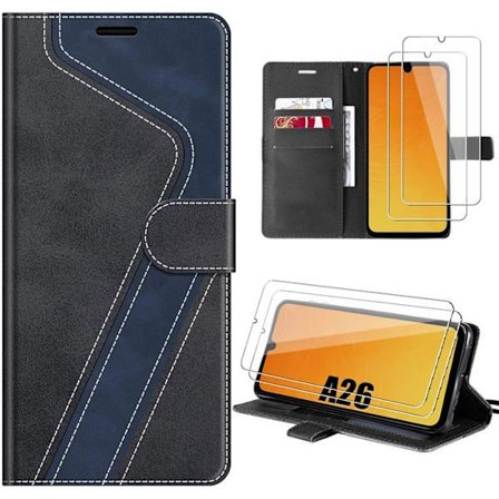 Cover til Samsung Galaxy A26 5G, Stødabsorberende Anti-Ridser PU Læder Sort - 2 Tempered Glass
