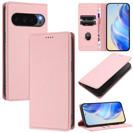 Google Pixel 10/10 Pro / 9/9 Pro Fodral RFID Litchi Läder Rosa