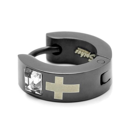 Sentio | Pendiente de aro con colgante de cruz de circonita y acero inoxidable negro para hombres - Pendientes de cruz