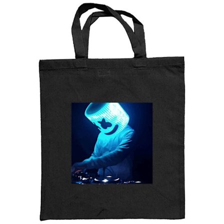 Stofpose Elektronisk DJ-figur med lysende hjelm og blå neonlys, futuristisk klubmiljø og intens elektronisk musikstemning